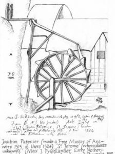 Detail of a waterwheel in a painting by Joachim Patinir