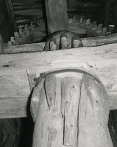 Post, crowntree, wallower and brake wheel in Niittymäki Farm mill, Somero Parish Museum, Häme