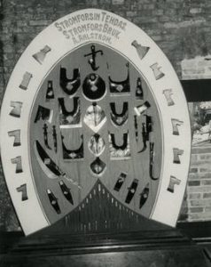 Products display board at Strömfors ironworks Ahlström trip hammer forge, in Ruotsinpyhtää, Uusimaa