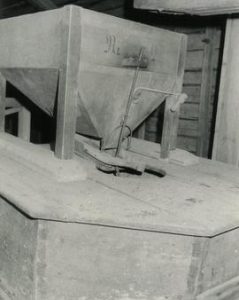 Hoppers and stones in Kümajoki Farm watermill, Velaatta, Teisko, Häme