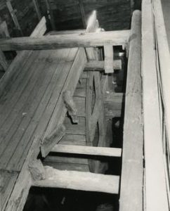Penstock from the first floor of Kümajoki Farm watermill, Velaatta, Teisko, Häme