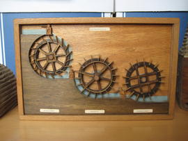 Model showing three designs of waterwheel