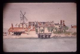 Painting of Bishopstone tide and smock mills