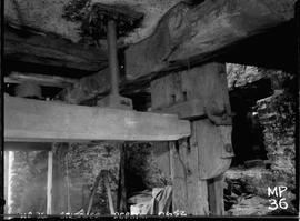 Wooden bridge tree and lower end of stone spindle, tower mill, Bolsover