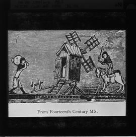 14th century illustration of a post mill