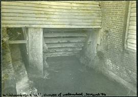 Wickhambreaux mill, glimpse of waterwheel, 30 March 1954