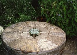 Photograph of an upper millstone, Mount Usher Mill gardens, Dublin , Ireland