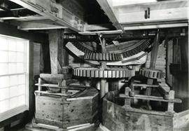 Saxtead Green Post Mill, Suffolk, stones floor, great spur wheel, wallower, brake wheel