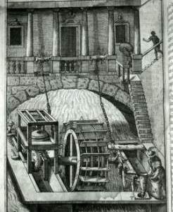 "Zonca 1607, water wheel floating at bridge"