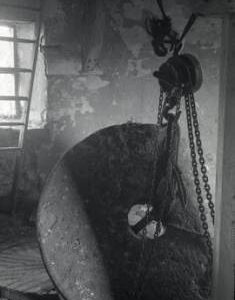 "Bradwell, Bucks - interior of windmill showing millstone and lifting tackle"