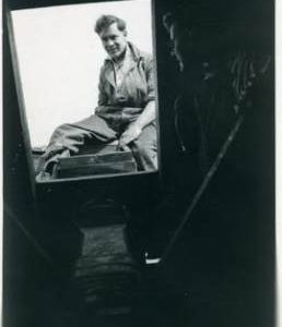 George Wells sitting on the poll end of Black Mill, Barham