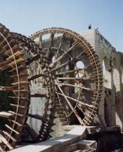 Wheels and part of building, Waterwheel, Hama