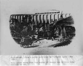 Folkstone, Kent, view of viaduct with train, houses and coach, windmill in background