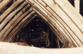 Roof ridge timbers being test-fitted in workshop, post mill, Chinnor