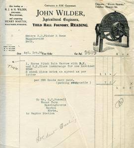 Billhead receipt of John Wilder, Yield Hall Foundry, Reading