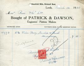 Billhead receipt of Patrick and Dawson, Engineers' Pattern Makers, Stansfield Mills, Leeds