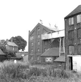 Burton Flour Mills and Peel Mill, Winshill - back of "biscuit factory" with side of 1745 mill and of later mill building