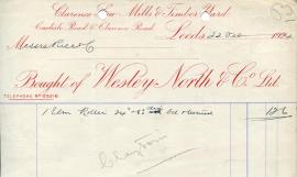 Billhead receipt of Wesley North & Co Ltd, Clarence Saw Mills, Leeds