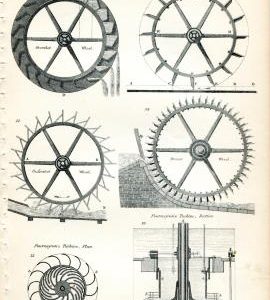 Overshot, undershot and breastshot waterwheels, and Fourneyron's Turbine