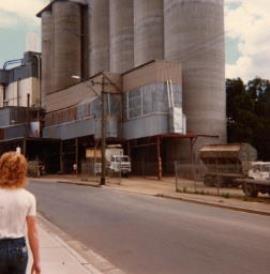Parramatta Mill, McCorquodale Stockfeeds bulk outloading bins with four 1000 T concrete silos behind