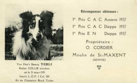 Postcard celebrating miller(?), Oswald Cordier's prize-winning, collie dog, Yerli, Moulin de Saint-Maxent, Somme, France