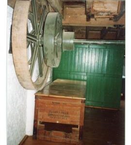 Evelith Mill, Shifnal - on the stone floor, pulleys on layshaft and (part of) "purifier"