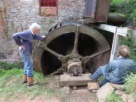 Watermill, Wrickton, Neenton - new shaft installed and wedged up, with Tim Booth (L) and Francis Rayns