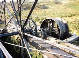 Waterwheel and drive to winding drum, Cwn Ciprwth Mine, Dolbenmaen, Caernarvonshire