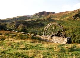 Waterwheel and flatrod drive, Cwn Ciprwth Mine, Dolbenmaen, Caernarvonshire