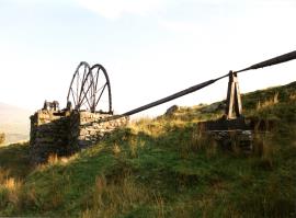 Waterwheel and flatrod drive, Cwn Ciprwth Mine, Dolbenmaen, Caernarvonshire
