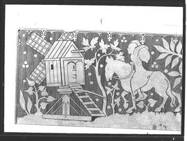 Lino cut illustration of open-trestle post mill